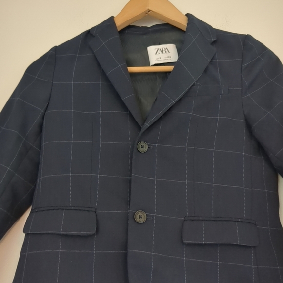 Zara Kids Navy Blue Checkered Blazer Size 8 Wedding Formal Communion - Picture 2 of 8